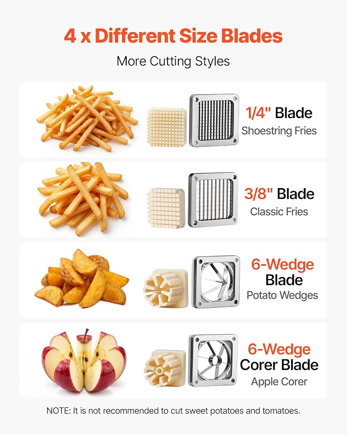 VEVOR French Fry Cutter, Commercial Vegetable Chopper with 4 Blades (1/4", 3/8", 6-Wedge & Apple Corer), Stainless Steel Potato Slicer for Fries, Onion, Carrots, Lemon – Home & Restaurant Use