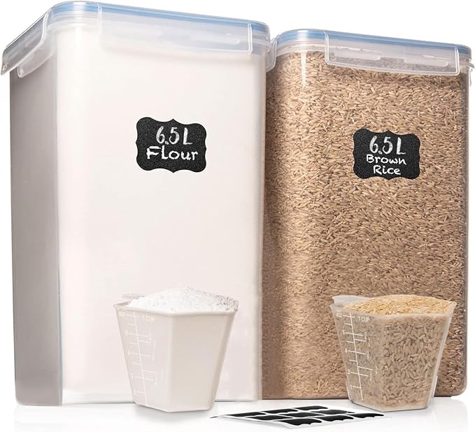 WHITE FEATHER SUPPLIES 2 PC [7 Qt / 6.5L / 220 Oz] Large Food Storage Containers with Lids Airtight - BPA Free Clear Plastic Kitchen and Pantry Storage Containers for Cereal, Flour, Sugar, Rice