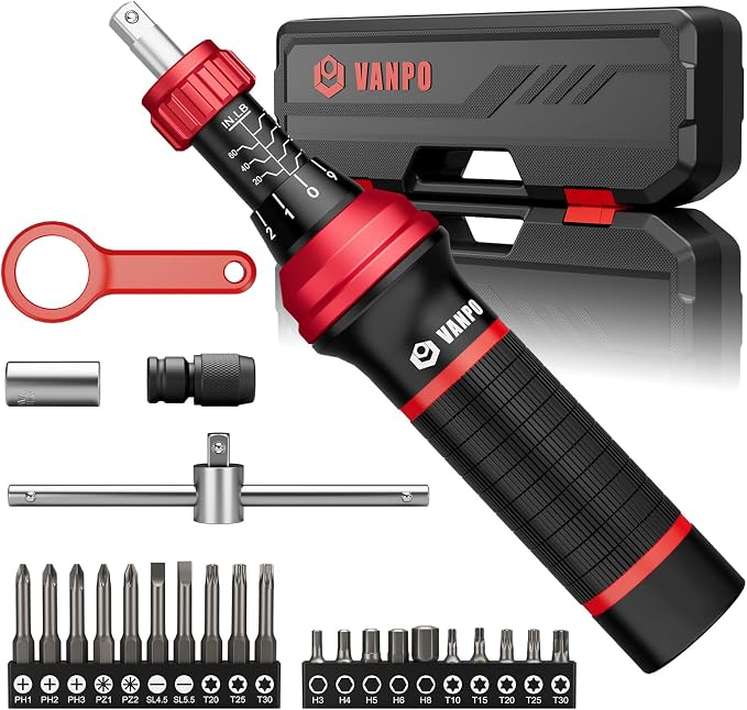 VANPO Torque Screwdriver, 10-70 In-lb, 24 Piece, Click Style for Gunsmith | 1 in-lb Increment, Grip ergonomics, 1/4 Inch Torque Wrench Screwdriver Set with S2 Bits for Electronics,Bike & Mounting