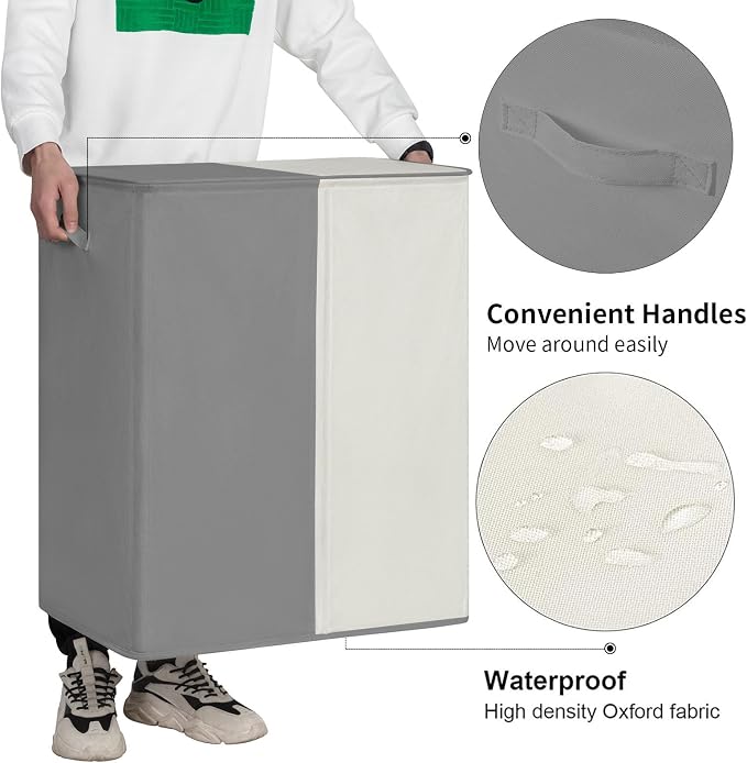 WOWLIVE Double Laundry Hamper with Lid, 154L Large Laundry Basket Organizer | Collapsible Dirty Clothes Hamper 2 Section, with Removable Laundry Bags for Laundry Room, College Dorm, Grey and Beige