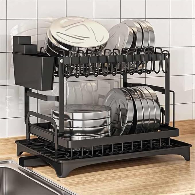 2 Tier Dish Drying Rack Stainless Steel with Auto Drainboard 360° Swivel Spout Large Capacity Kitchen Counter Organizer with Utensil Holder Cup Rack Knife Block Space Saving Black