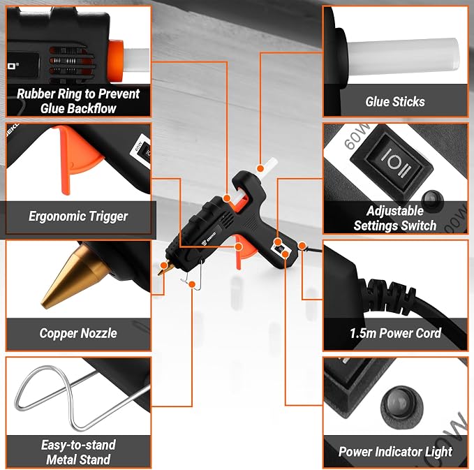 Hot Glue Gun Full Size: DEKOPRO 60/100Watt Dual Temp Hot Glue Gun Kit with 25 Glue Sticks, Organize Storage Case, Heavy Duty Heat Glue Gun Tool Set for Home Repair, Art & Crafts, DIY Black Orange