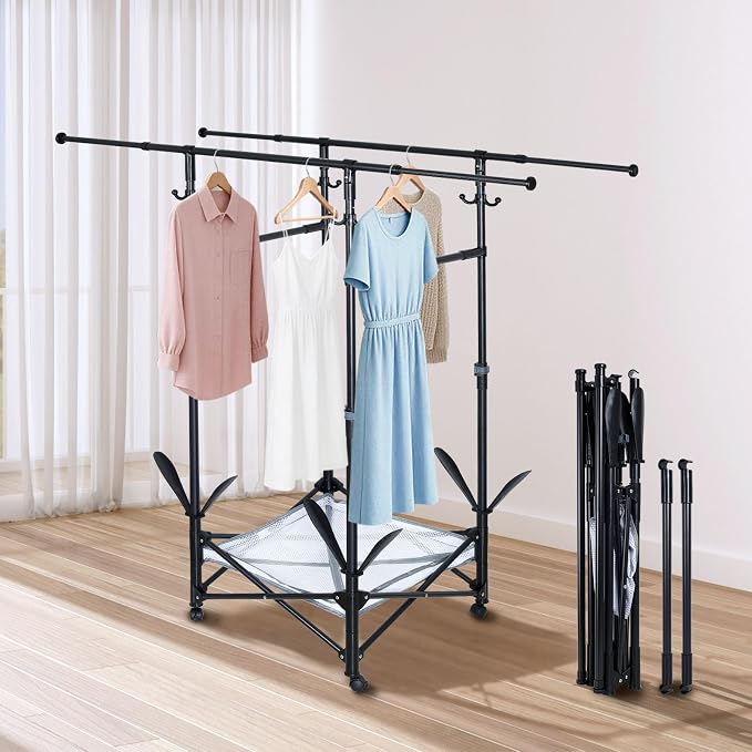 Folding Clothes Drying Rack with Extendable Rod and Wheels | Double Rod Extendable 33.1–56.7 Inches, Drying Rack Clothing with Wheels, Sweater Drying Net,Hat Hanger