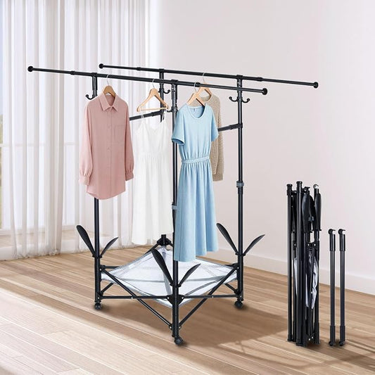 Folding Clothes Drying Rack with Extendable Rod and Wheels | Double Rod Extendable 33.1–56.7 Inches, Drying Rack Clothing with Wheels, Sweater Drying Net,Hat Hanger