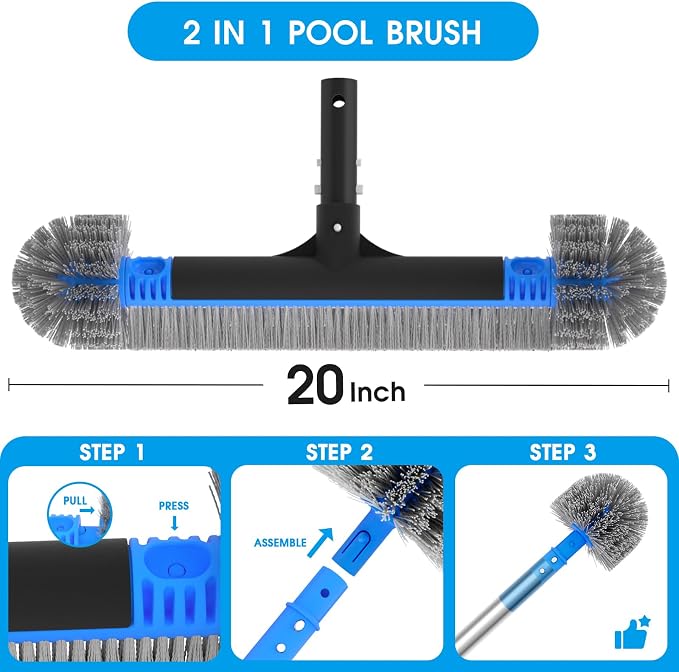Upgraded Pool Brush with Pole - 20’’ 2-in-1 Heavy Duty Detachable Round Brush with Extra Side Brush for Cleaning Hard-to-Reach Corners, 9 FT Aluminum Extended Pool Pole with Hidden Hook Retriever