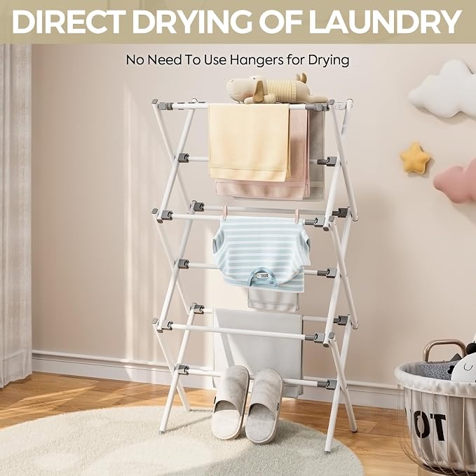 APEXCHASER Extra Large Clothes Drying Rack, 14.57" D × 44.88" H | Foldable & Extendable, Adjustable Size (20.87"-35.43"L), Space-Saving, Rust-Resistant Frame, Indoor/Outdoor Use, White