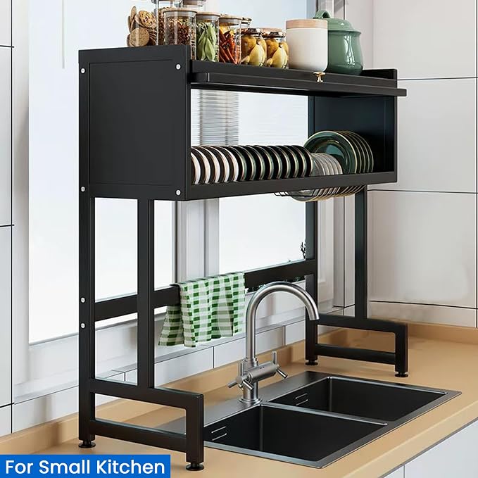 ASIEIT Dish Drying Rack, 3-Tier Over The Sink Dish Drying Rack, 33.5" Over Sink Dish Rack for Small Kitchen, Space-Saving Dish Rack with Cover, Baskets, Utensil, Large Sink Storage Organizer Black
