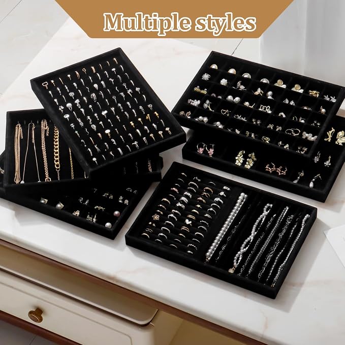Large Velvet Jewelry Tray 2 Pack Stackable Jewelry Display Drawer Inserts Trays Organizer for Earring Bracelet Necklace Ring (Black, 24 Grids)