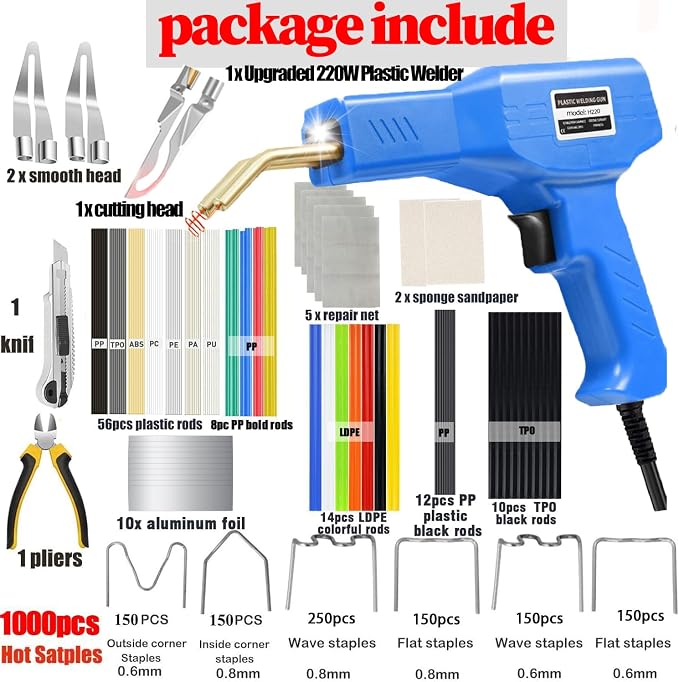 Upgraded 220W Plastic Welder, 2 in 1 Plastic Welding Repair Welder Kit 1000PCS Hot Stapler Soldering Gun with 100PCS Plastics Welding Rods Car Bumper Repair Kit for Most Plastics(Blue)