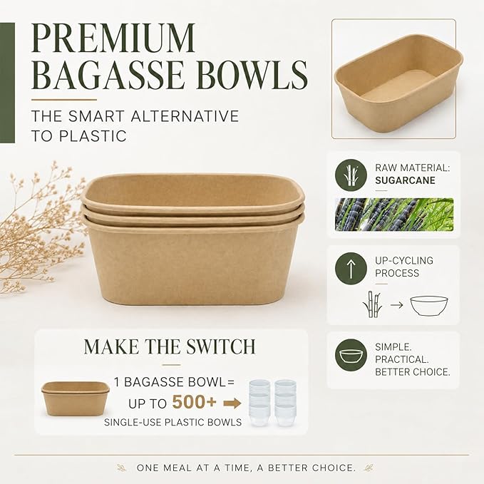 Kaderron 50 Pack 25 OZ Large Paper Bowls with Lids, Heavy Duty Disposable Compostable Container for Party, Disposable Bowls Bulk Soak-Proof and Microwave Safe for Hot/Cold Use