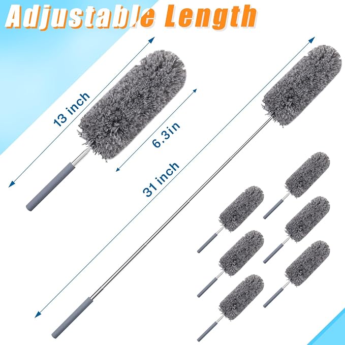Tanlade 12 Pcs Microfiber Feather Duster for Cleaning, Extendable 13-31 Inch Ceiling Fan Duster with Bendable Head, Washable Tools for Ceiling Fans, Furniture, Car, Cobwebs (Gray)
