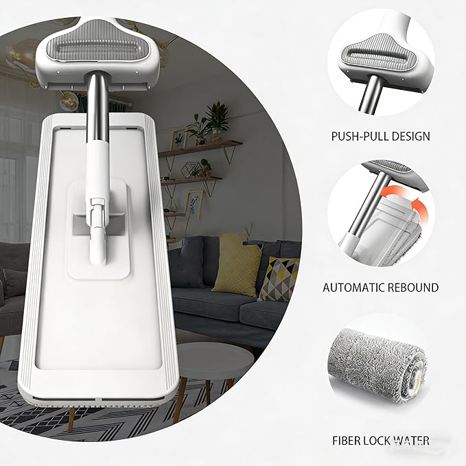 Hands-Free Self Wringing Flat Mop - Microfiber Floor Cleaning Tool with Washable Pads, Scrub Brush, Squeegee (1 Mop+6 Pads+1 Brush+1 Glass Wiper)