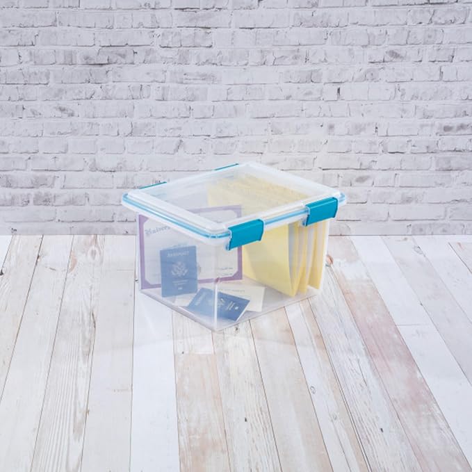 Sterilite 32 Qt Gasket Box, Stackable Storage Bin with Latching Lid and Tight Seal, Plastic Container to Organize Basement, Clear Base and Lid, 4-Pack | Heavy-Duty, Stackable, and Organizing Containers for Bathroom, Cabinet, Closet, and Garage, Clear a...