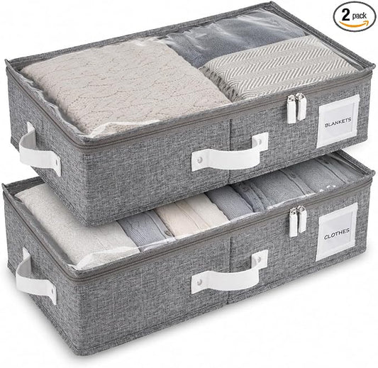 HOMELUX THEORY 2pc Under Bed Storage Containers, Bedroom Under the Bed Drawer Storage Organizer with Bins and Lids, Medium Underbed Clothes Storage Box Ideal for Blanket, Fabric, & Shoes (LightGray)
