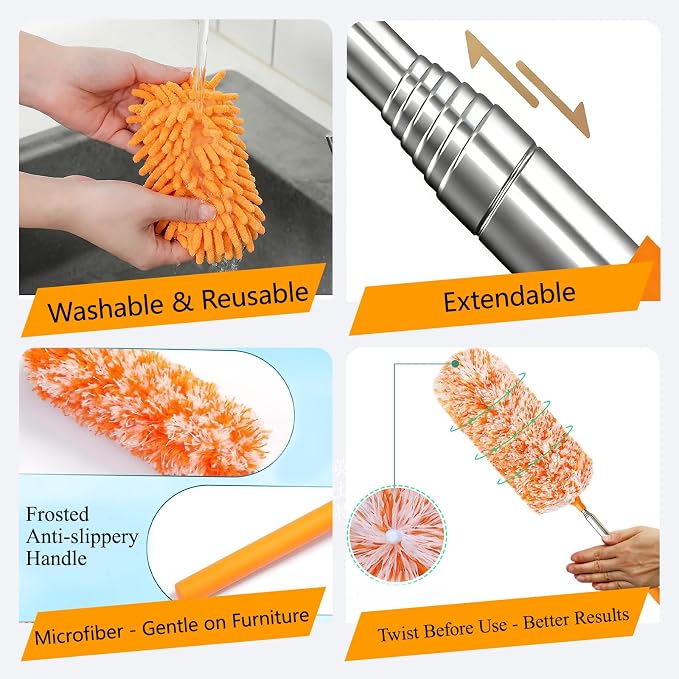 4 pcs Extendable and Washable Microfibre Feather Duster,12" to 31" Reachable, Microfibre Cleaning Tool, Small Dusters for Cleaning Office, Car, Computer, Furniture, Sofa
