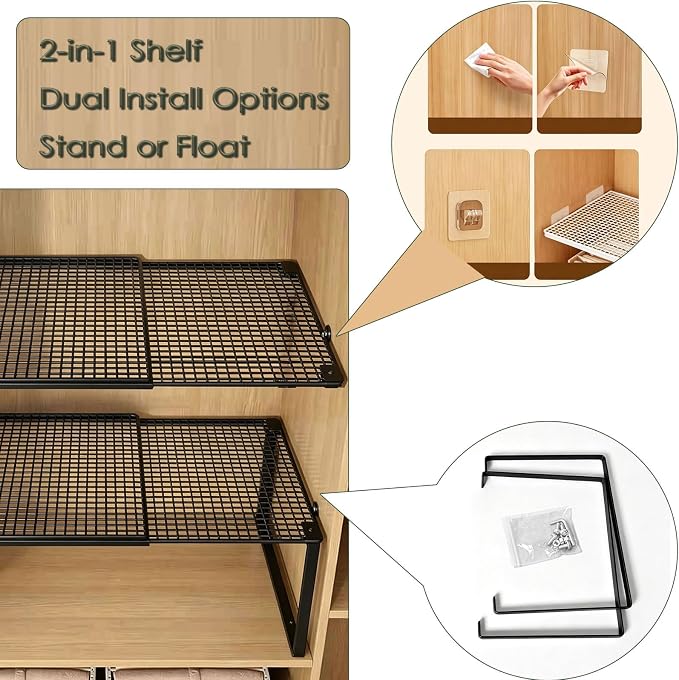 2 in 1 Expandable Floating Metal Cabinet Shelf, Black, 1pc | Adjustable, Anti-Rust Heavy Duty, 2 In 1, 15-24.4 Inch, Stand or Float, For Kitchen Pantry, Closet, Wardrobe