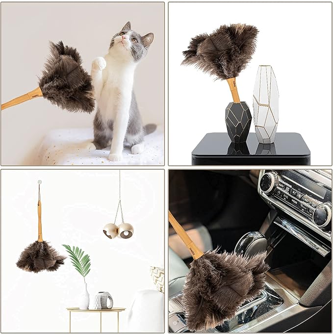 Genuine Ostrich Feather Duster with Wood Handle, 16 inch Gray | Aldwin Fluffy Natural Reusable Duster, Eco-Friendly Handheld Cleaning Duster for Car, Home, Office and Kitchen