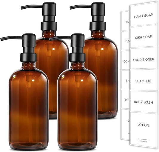 GMISUN Amber Glass Soap Dispenser, 4 Pack Bathroom Hand Soap Dispensers with Stainless Steel Pump, 17 Fl Oz Kitchen Hand and Dish Soap Dispenser Set, Modern Vintage Liquid Brown Soap Dispensers Bottle