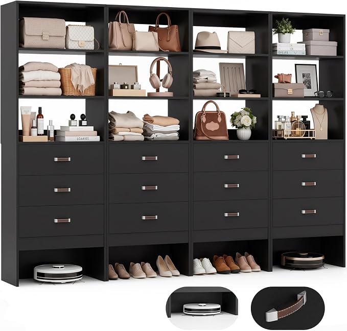 8FT Closet System with Leather Handles, 96" Walk-in Closet Storage Unit with Cabinet, Wood Wardrobe Closet Organizer and Storage with 12 Drawers, Set of 4, Black