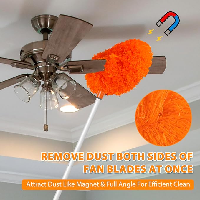 FONUNO Ceiling Fan Cleaner Duster High Ceiling Extended Fan Blade Cleaner | Reusable Microfiber Ceiling Fan Duster with Extension Handle from 13 to 50 Inch for Furniture Bookshelves Wall Door, Orange