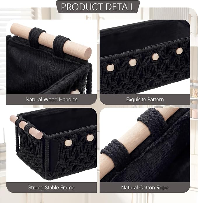 Vesici 4 Pcs Black Macrame Storage Basket for Shelves 13 in 11 in Boho Storage Basket Hand Woven Boxes with Wood Handles Beads Decorative Countertop Toilet Tank Cabinet Organizer for Home Room Decor