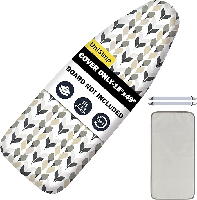 UniSimp Ironing Board Cover and Pad 18"x49" Extra Thick Natural Cotton, Scorch and Stain Resistant Iron Board Cover, Wide Ironing Board Cover with Fasteners Heavy Duty Heatproof Elastic Edge Foliage