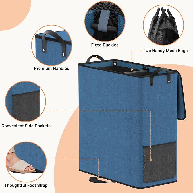 136L 2 Section Laundry Hamper with Lid, Laundry Basket, Blue | Large Laundry Hampers with Reinforced Handles & Removable Bags, Tall Dirty Clothes Hamper for Laundry Room, Bedroom, Bathroom