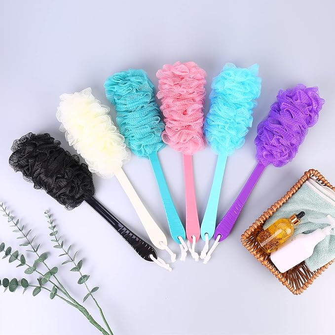 Back Scrubber Brush Long Handle for Shower, Loofah On a Stick Sponge Back Brush, Body Exfoliator Scrubber Bath Brush for Men Women, Exfoliating Cleaning Back Scrubber (2 Pack-Black+Purple)