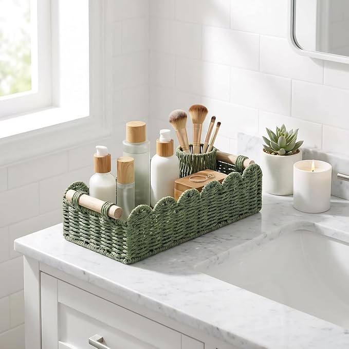 CubesLand Bathroom Basket Organizer, Toilet Tank Paper Storage Baskets 2PK | Scalloped Decorative Basket for Countertop w/Handle, Wicker Basket for Bathroom Decor, Home Decor, Living Room, Green
