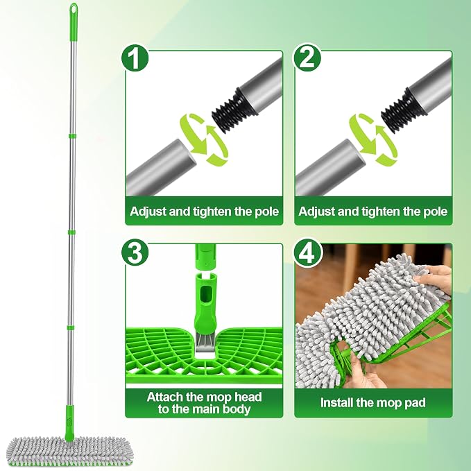 2-Sided Microfiber Dust Mop for Hardwood Floors & Walls | Flat Flip Head, Wet Dry Use, 3 Chenille & Microfiber Pads, 58" Handle, 360° Swivel, Sweep Pet Hair, Tile, Laminate, Kitchen