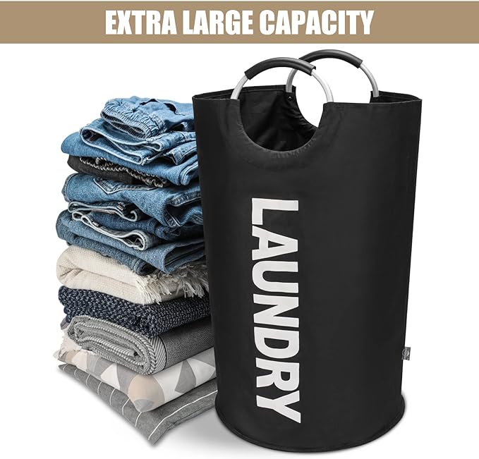 DOKEHOM 90L Large Laundry Basket Bag, Collapsible Tall Hamper, Black | Freestanding tall washing bin & foldable laundry bag. High-capacity clothes storage basket with durable sturdy handles