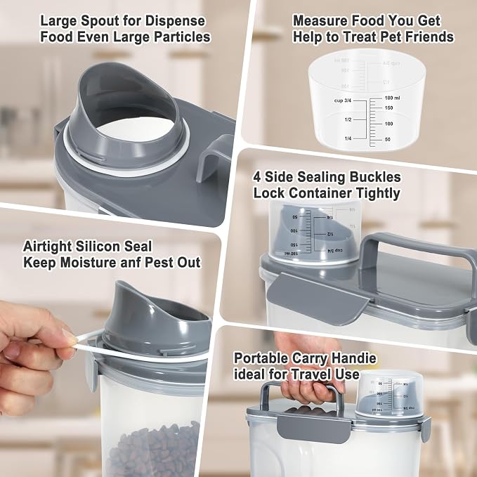 Dog Cat Food Storage Container, Pet Food Pourable Container Airtight with Large Spout & Cup, BPA-Free Plastic Food Dispenser for Pet Food, Bird Seed, Rice, Flour (Dark Gray, 5L)