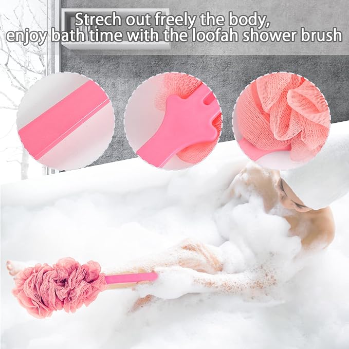 Evmliy Back Scrubber for Shower, Loofah Sponge Brush Exfoliating Body, Long Handle Scrub Brush for Shower with Loofah on a Stick for Back Use, Bathing Accessories Body Brushes (4Pack)