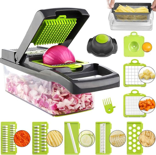 ADOV Mandoline Slicer for Kitchen, Vegetable Chopper with Container, 14 in 1 Multifunctional Food Chopper, 7 Blade Onion Cucumber Slicer Vegetable Cutter for Salad, Potato Essential Kitchen Gadgets