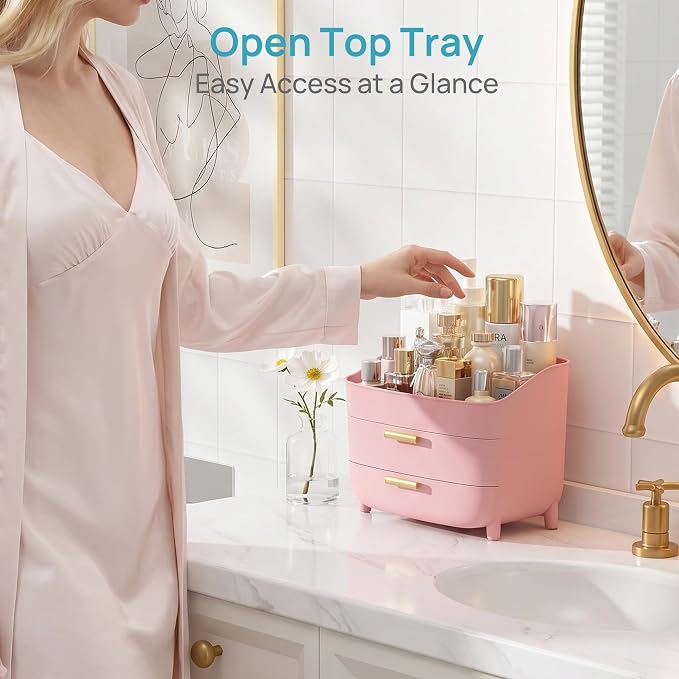 Vtopmart 3-Tier Skincare Makeup Organizer, Pink | With Drawers, For Vanity and Bathroom Countertop, Large Cosmetic Storage Box Case for Dresser, With Non-Slip Base