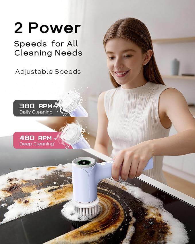 PUFTEM Shower Scrubber, Electric Spin Scrubber for Bathroom Cleaning – Cordless Shower Cleaner Brush with 6 Brush Heads, Dual-Direction Rotation, for Grout, Tile, Tub, Sink & Corners, Purple