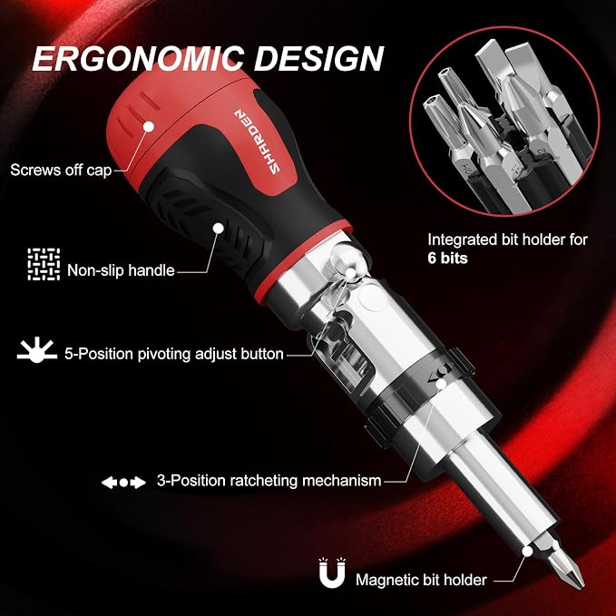 8 in 1 Stubby Ratcheting Screwdriver, Multi Bit Screwdriver Tool | All in One with 6 CRV Bits Phillips, Slotted, Torx,180 Degree Pivoting Adjustable Angle Screw Driver Set for Tight Spaces