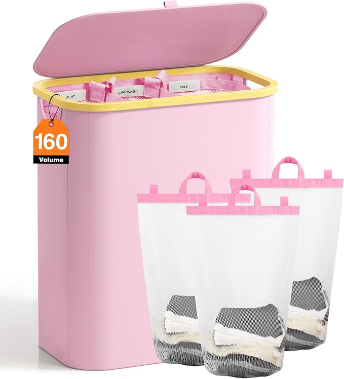 Hampers for Laundry Basket with Lid, 160L Large Laundry Hamper 3 Section | Dirty Clothes Hamper Separator with 3 Removable Bags & 5 Labels, Divided Laundry Organizer for Bedroom, Laundry Room, Pink