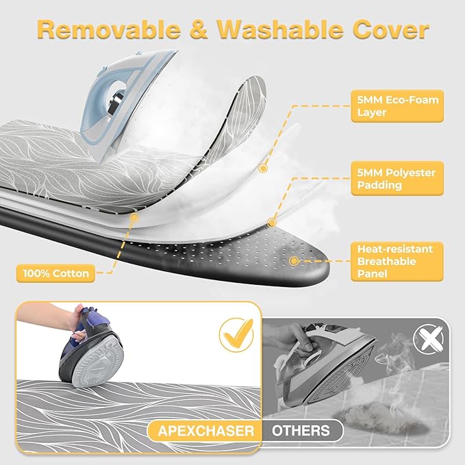 APEXCHASER Foldable Ironing Board Full Size, Iron Board with Heat Resistant Cover, Iron and Ironing Boards Set with 7-Lever Height Adjustable, Iron Table Stand with Non-Slip Metal Legs 14x54, Grey