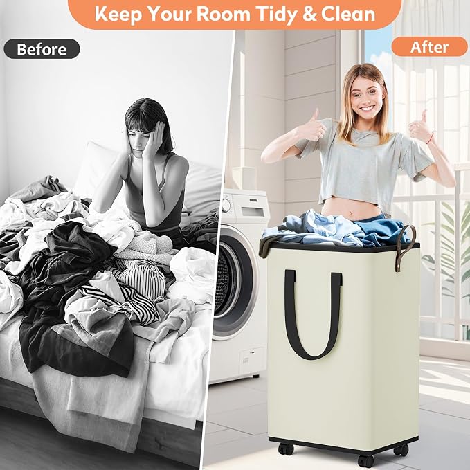 SpaceTrove Rolling Laundry Basket with Wheels, Laundry Hamper, 100L, Cream | Collapsible, 4 detachable wheels including 2 with brakes, sturdy handle, metal frame, for dorms, bathrooms and bedrooms