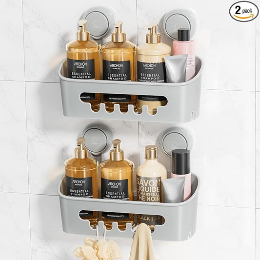 LEVERLOC Shower Caddy Suction Cup Shower Organizer Bathroom Storage Removable Powerful Suction Shower Shelf- Gray 2pack
