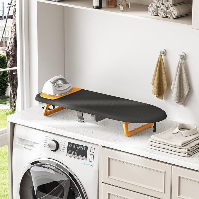 KINGBOARD Small Ironing Board with Iron Holder,12x32 Black & Orange | Tabletop Ironing Board with Heat Resistant Cover, Foldable Mini Iron Board with Non-Slip Feet, Easy Storage for Travel & Dorm
