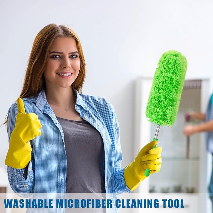 Tanlade 1 Pcs Microfiber Feather Duster for Cleaning, Extendable 13-31 Inch Ceiling Fan Duster with Bendable Head, Washable Tools for Ceiling Fans, Furniture, Car, Cobwebs (Green)