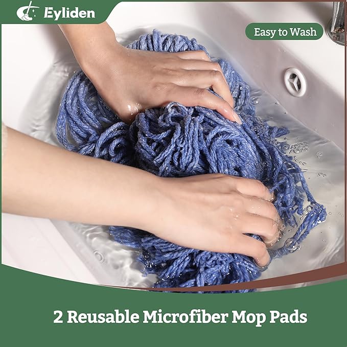 Eyliden Heavy Duty Floor Mop, Non-Touch Replacement, 2 Reusable Cotton Heads, 4 Scouring Pads, Industrial Wet & Dry Mops for Home & Commercial, Kitchen, Garage & Office Floor Cleaning, Blue