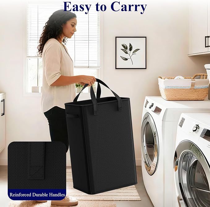 Optish 90L Slim Laundry Hamper, Large Laundry Basket With Handles, Black Narrow Laundry Basket for Dorm, Bedroom, Living Room, Collapsible Laundry Hamper