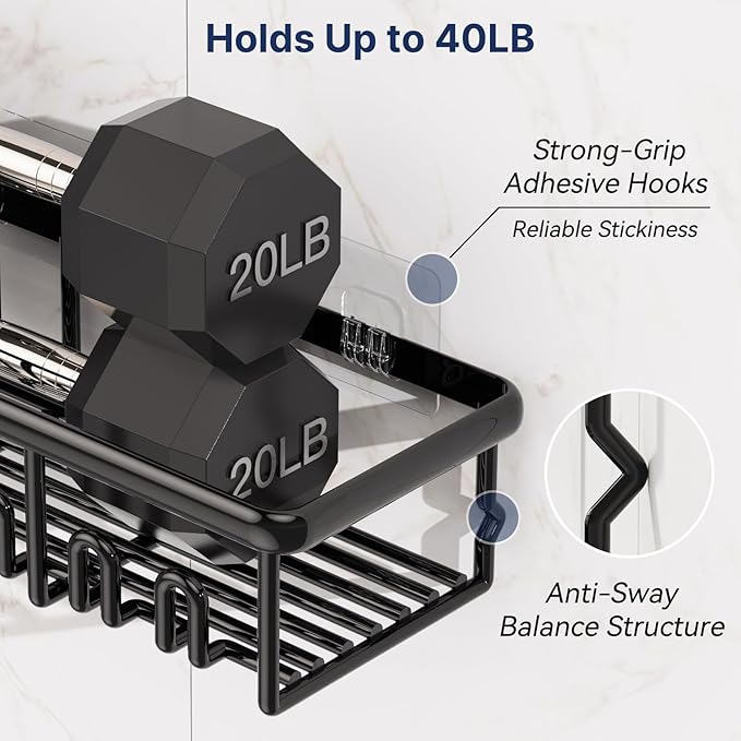 8 Pack Adhesive Rustproof Shower Caddy with Soap Dishes, Toothbrush Holder & Hooks, Large Capacity No-Drilling Shower Shelves Rack for Bathroom Organizers and Storage Accessories, Black