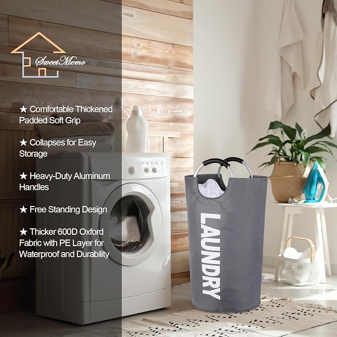 2-Pack Large Laundry Basket, Laundry Hamper Bag with Handles, 95L Dark Grey | Freestanding Tall Dirty Clothes Hamper, Collapsible and Portable Laundry Bin for Dorms and Bedrooms, Thick, Sturdy Fabric