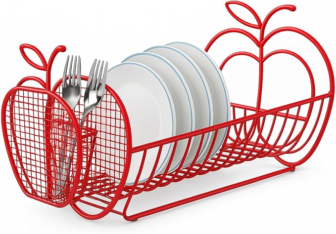 Jumbl Expandable Dish Drying Rack with Utensil Holder, Apple Design Metal Dish Drainer Adjusts 14 to 27 Inches, Rust-Resistant Countertop Dish Strainer for Kitchen Sink, RV, and Small Apartments