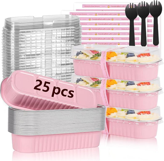 YQER 25 Pack Mini Cake Pans with Lids and Spoons, 6.8 oz Pink Disposable Aluminum Foil Mini Loaf Pans with Stickers, Individual Small Dessert Cake Tins Containers for Small Batch Baking, Parties Treat