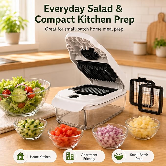2-in-1 Vegetable Dicer, Onion Chopper, 1.5L Container, White Black | Two dicing sizes for everyday onionsand salad prep